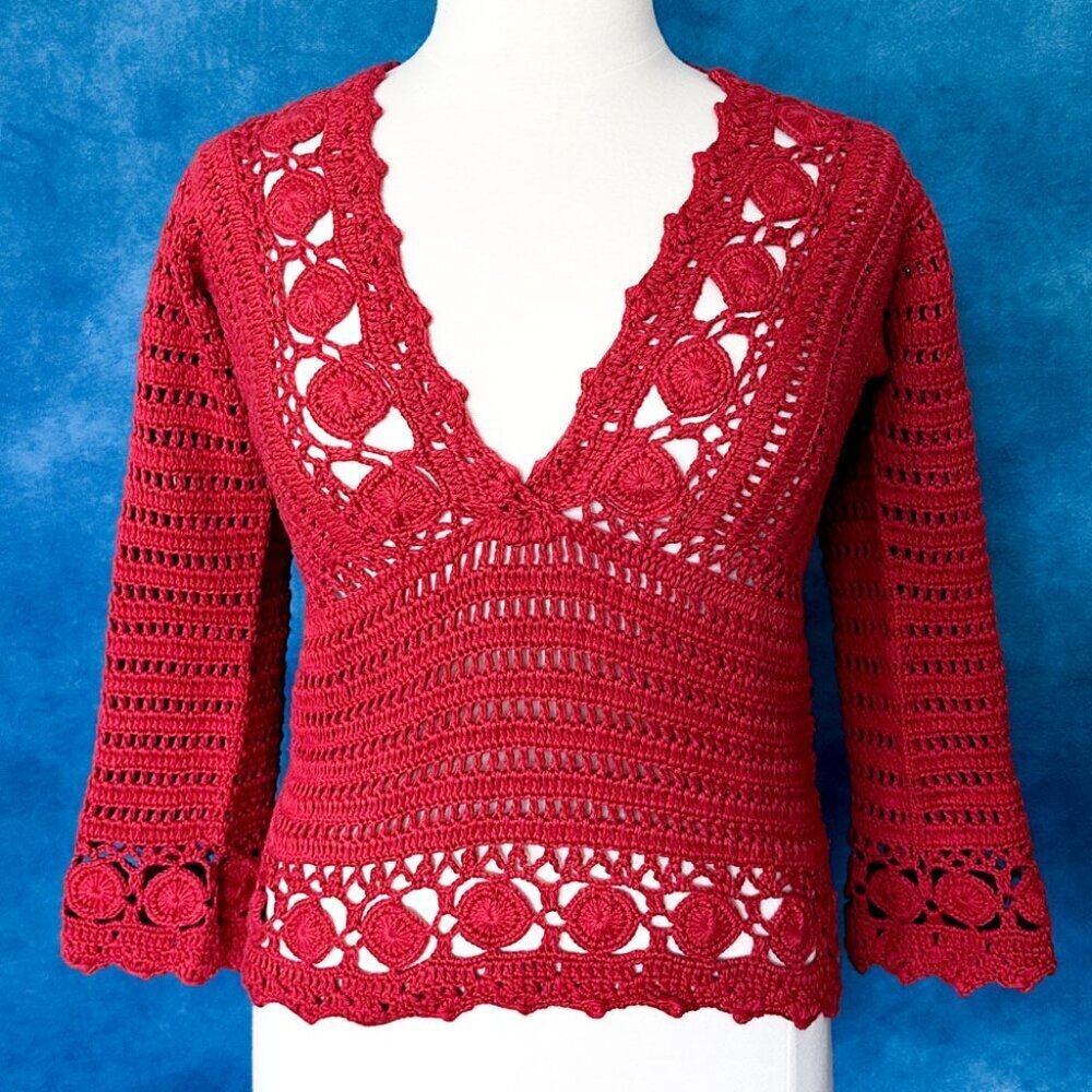 Pure Handknit Red Crochet Cotton V-Neck, L/XL, NWT